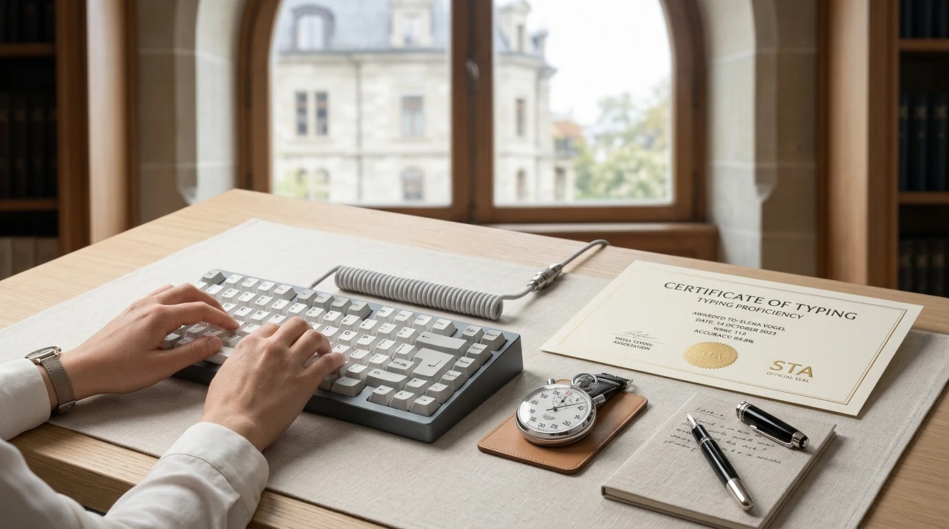 Official typing certificate document on desk with precision stopwatch and mechanical keyboard