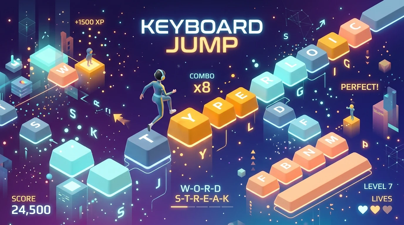 Stylized arcade platformer typing game interface with glowing neon mechanical keyboard