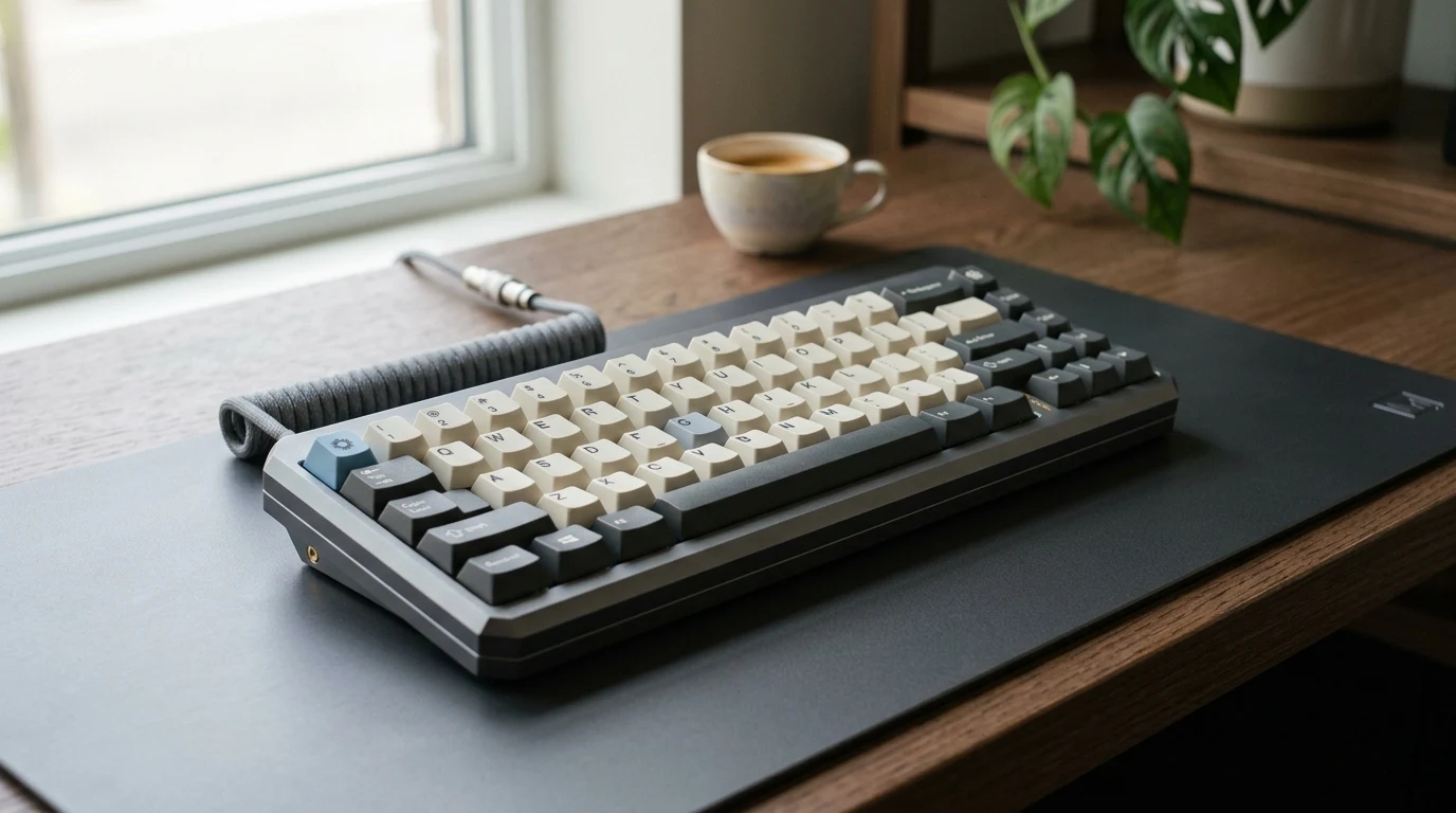 Custom mechanical keyboard on clean desk with coiled cable showing touch typing workspace