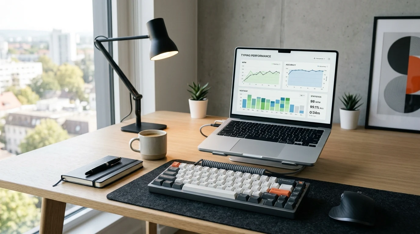 Laptop displaying typing performance graphs next to custom mechanical keyboard